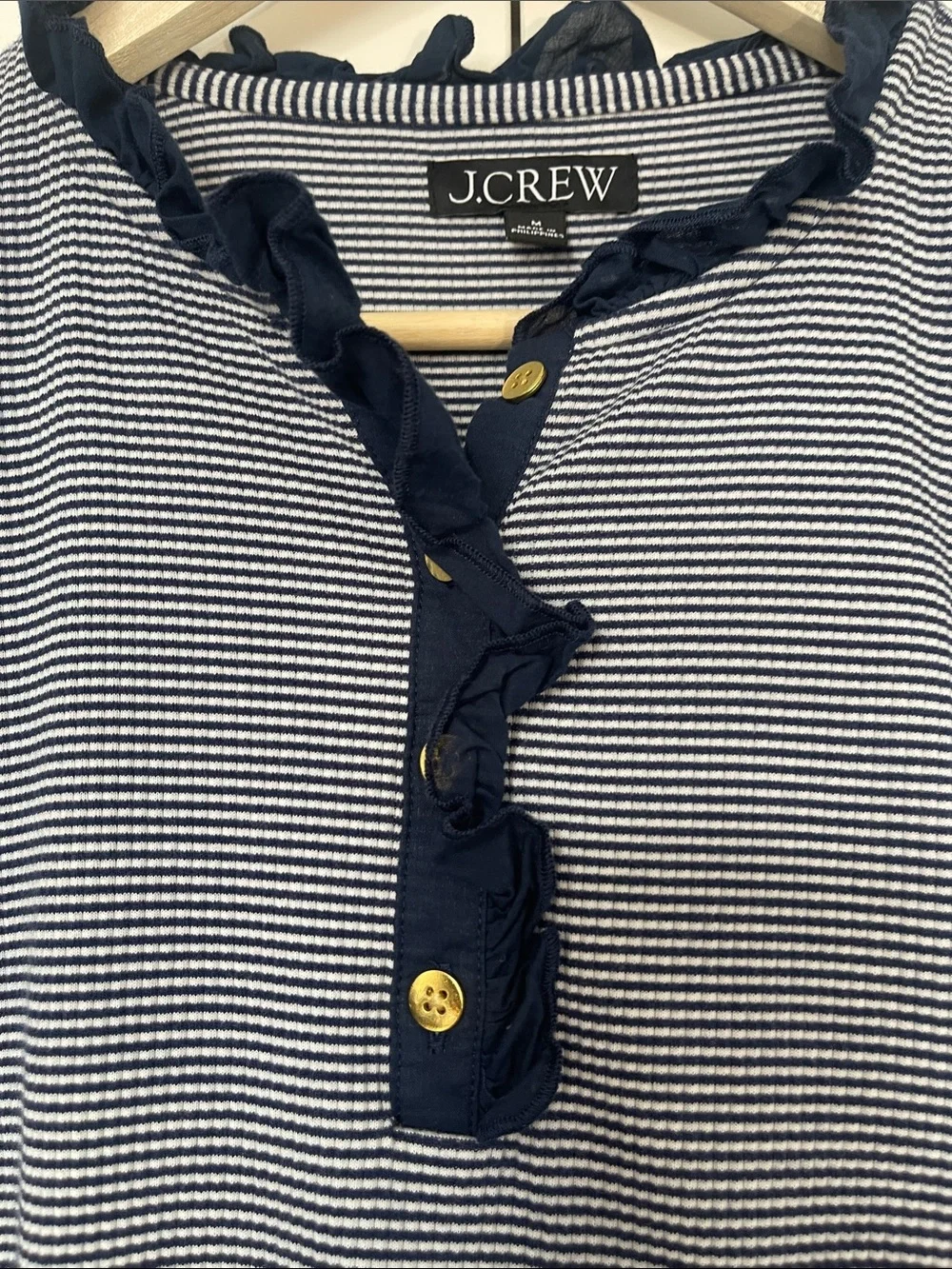 J. Crew Navy and White Micro-Stripe Long-Sleeve V-Neck Top